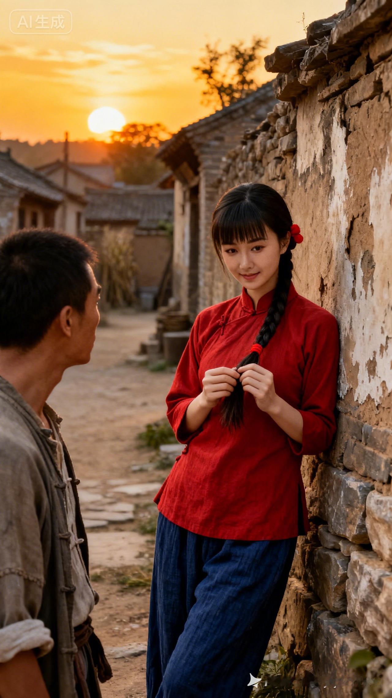 夕阳下的古风邂逅，红衣少女与古风少年，唯美画面