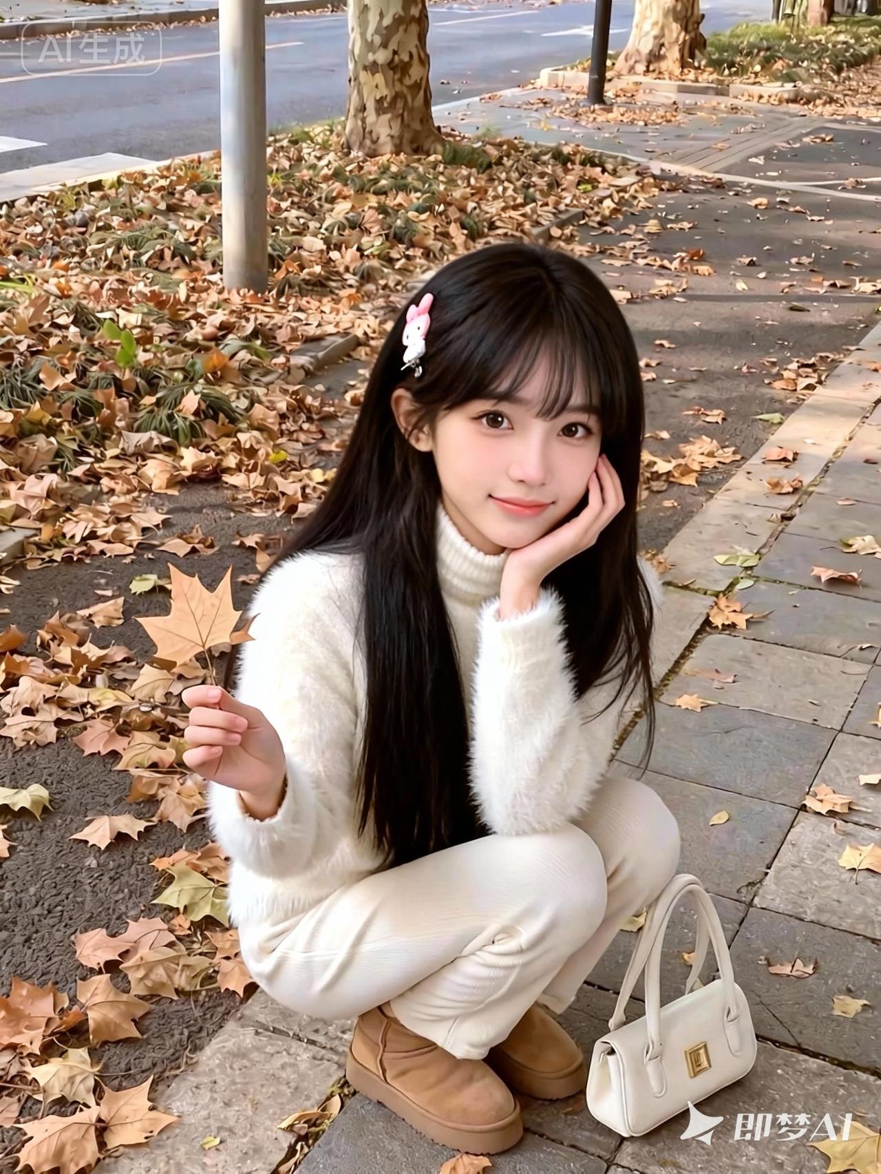 年轻女子，黑色长发，穿白色毛绒高领上衣、白色裤子，脚穿棕色雪地靴，蹲在铺满落叶的