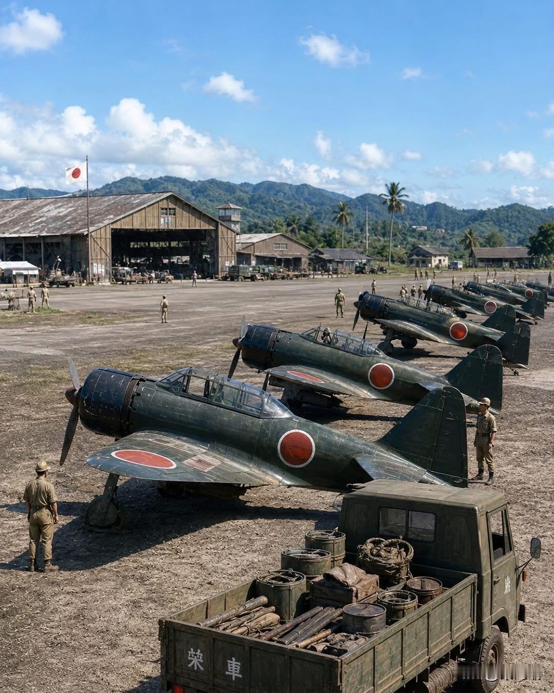 二战末期，停泊在日本某热带野战机场的三菱A6M“零式”战斗机。凭借其卓越的速度、