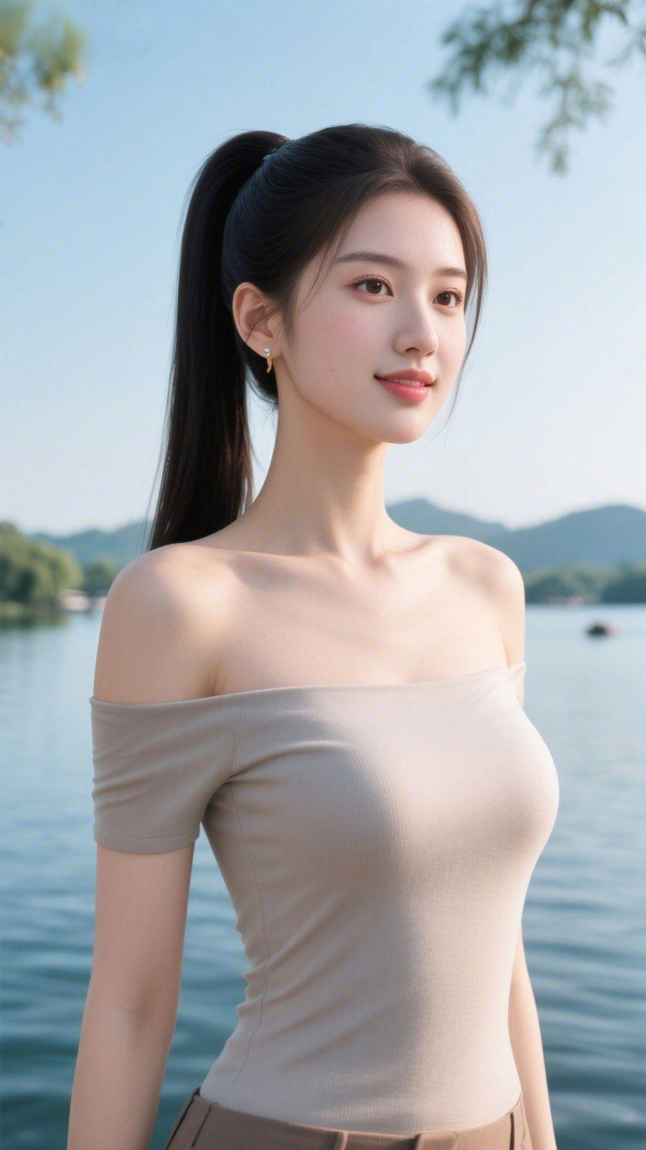 《素衣载满湖光柔》浅褐衣装裹着湖风的温软，高束的马尾沾了几分水光的清润，耳