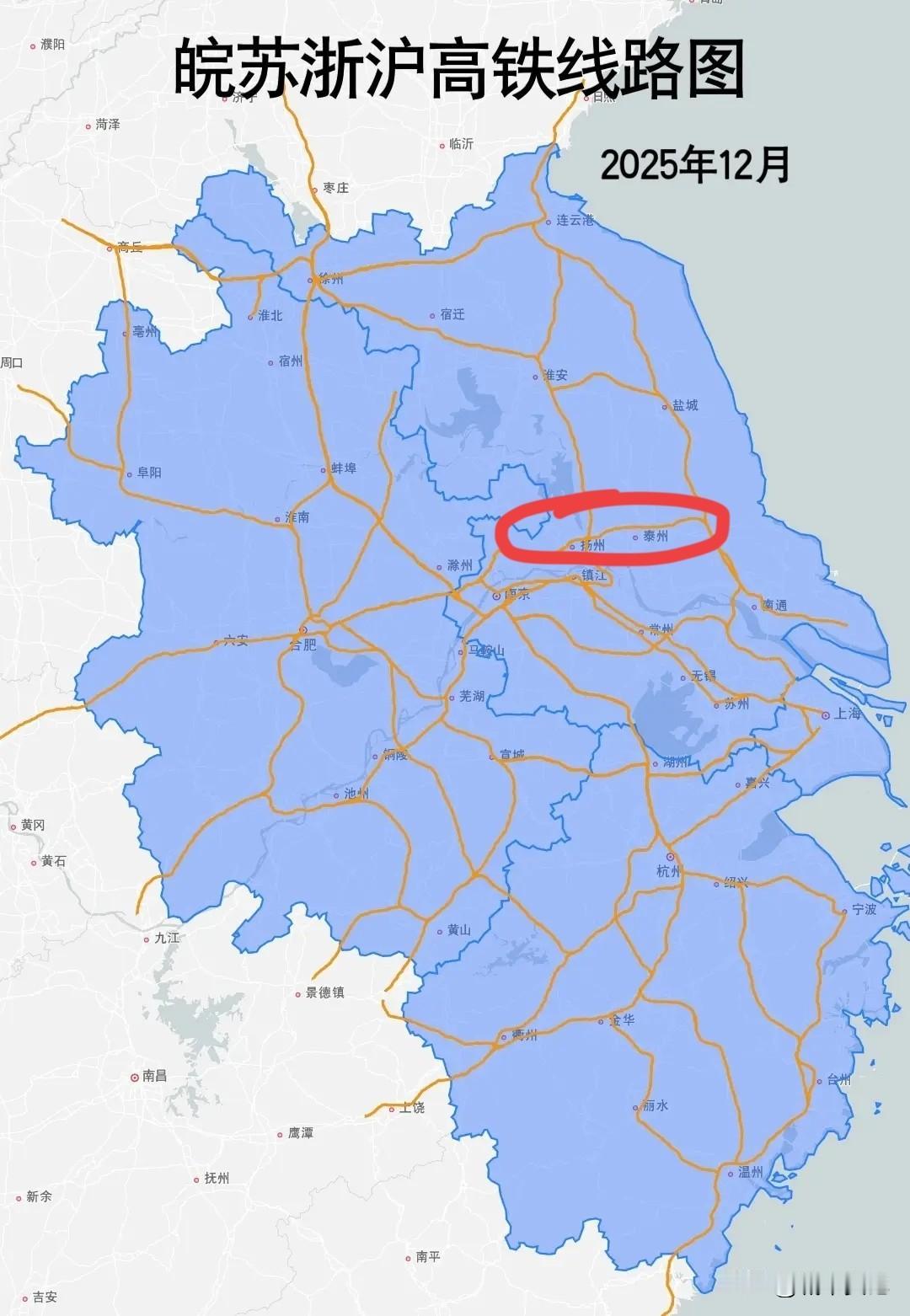 江浙沪高铁图，感觉江苏最少的，安徽浙江比江苏多，线路更长，更密。宁启关键还不是
