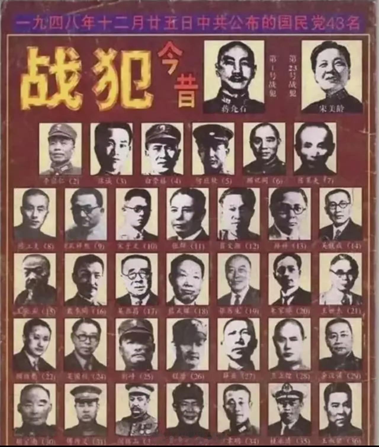 有博主发布1948年12月25日，新华社发布48名战犯名单，其中宋美龄是排第23