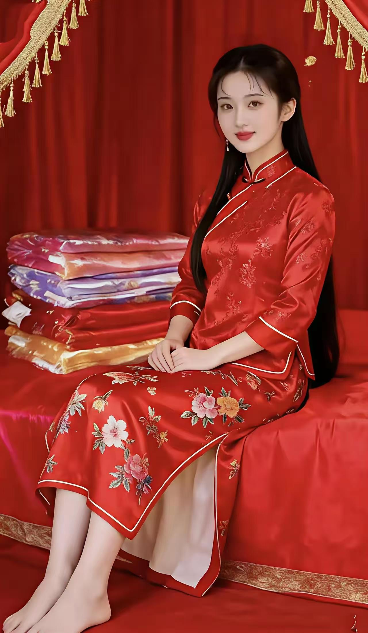 山坡羊·旗袍之美新娘着锦，粉缎成韵，阳光之下姿容俊。似仙临，梦留痕。中