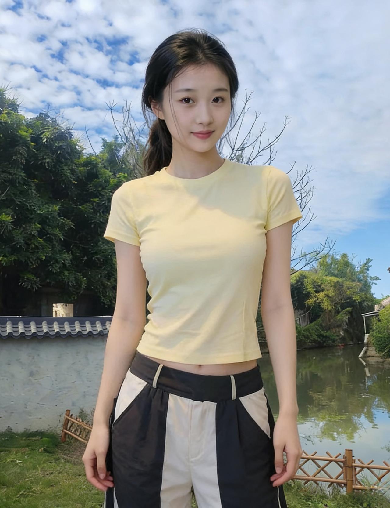 青空裁一片云絮落在肩头，黄衫洇着夏的温柔黛瓦流水绕着身后的巷口，眸光轻扬，撞碎