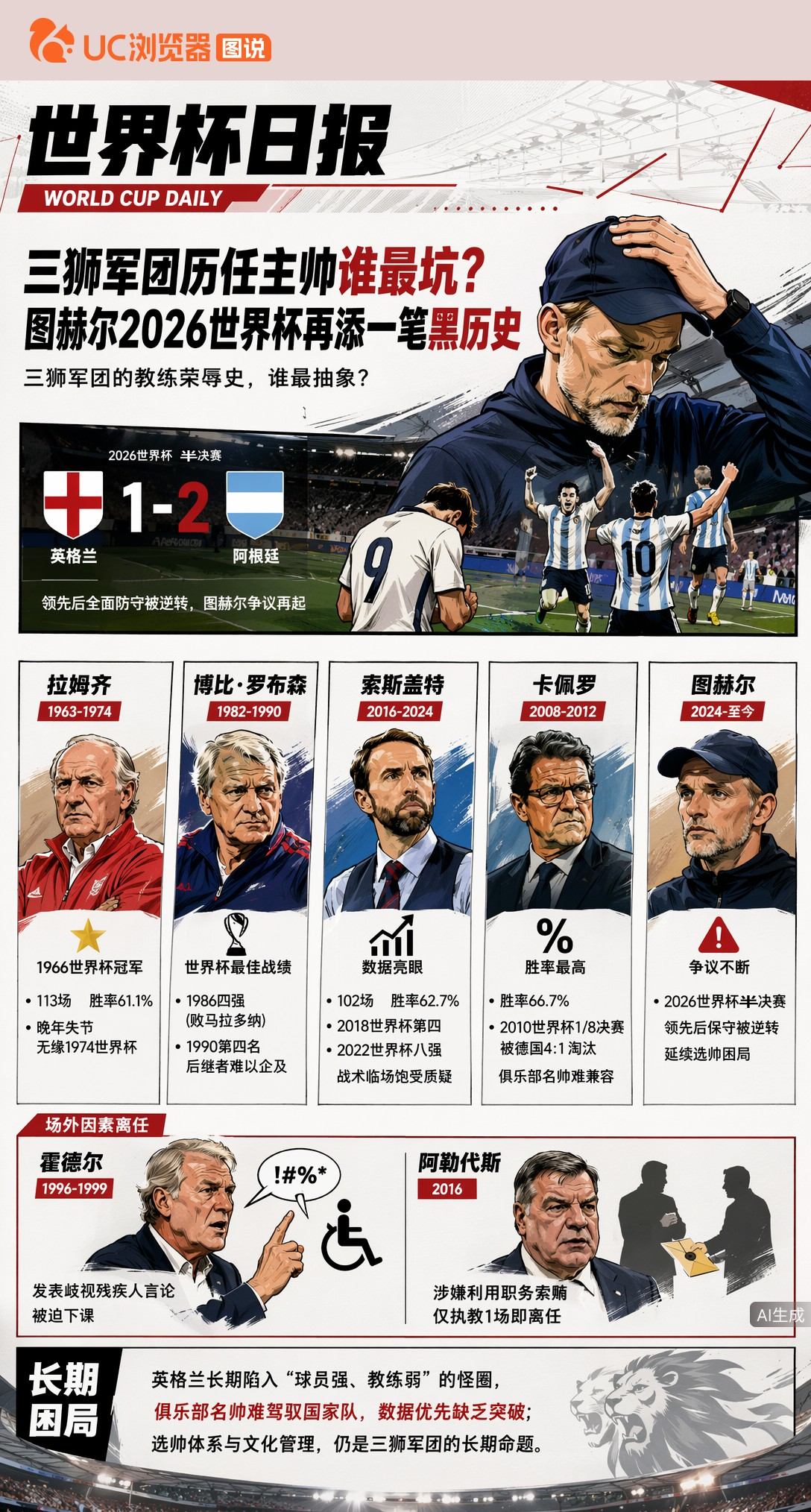 三狮军团历任主帅谁最坑？图赫尔2026世界杯再添一笔黑历史
