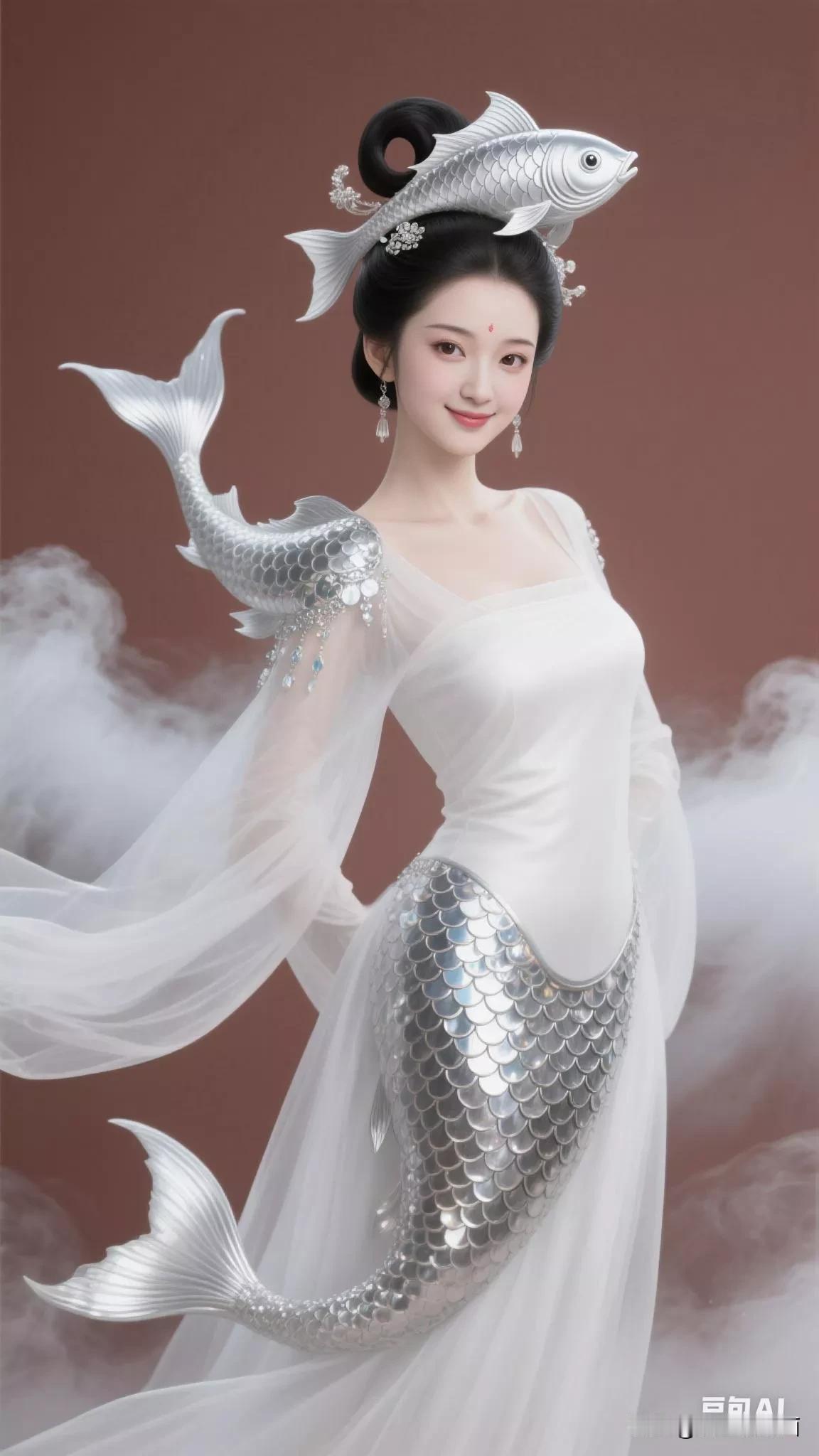 梦幻美人鱼，银鳞闪耀，优雅动人。张立启原创书画AI作品古仕女发髻集锦第281期。