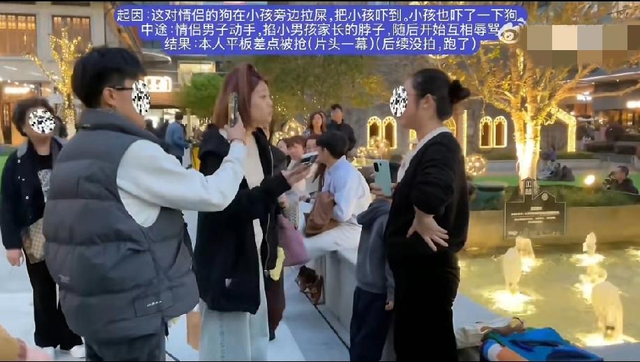 上海街头，这对情侣的小狗在路边拉屎，疑似这个小孩凶了小狗一下，这对情侣可能也凶了