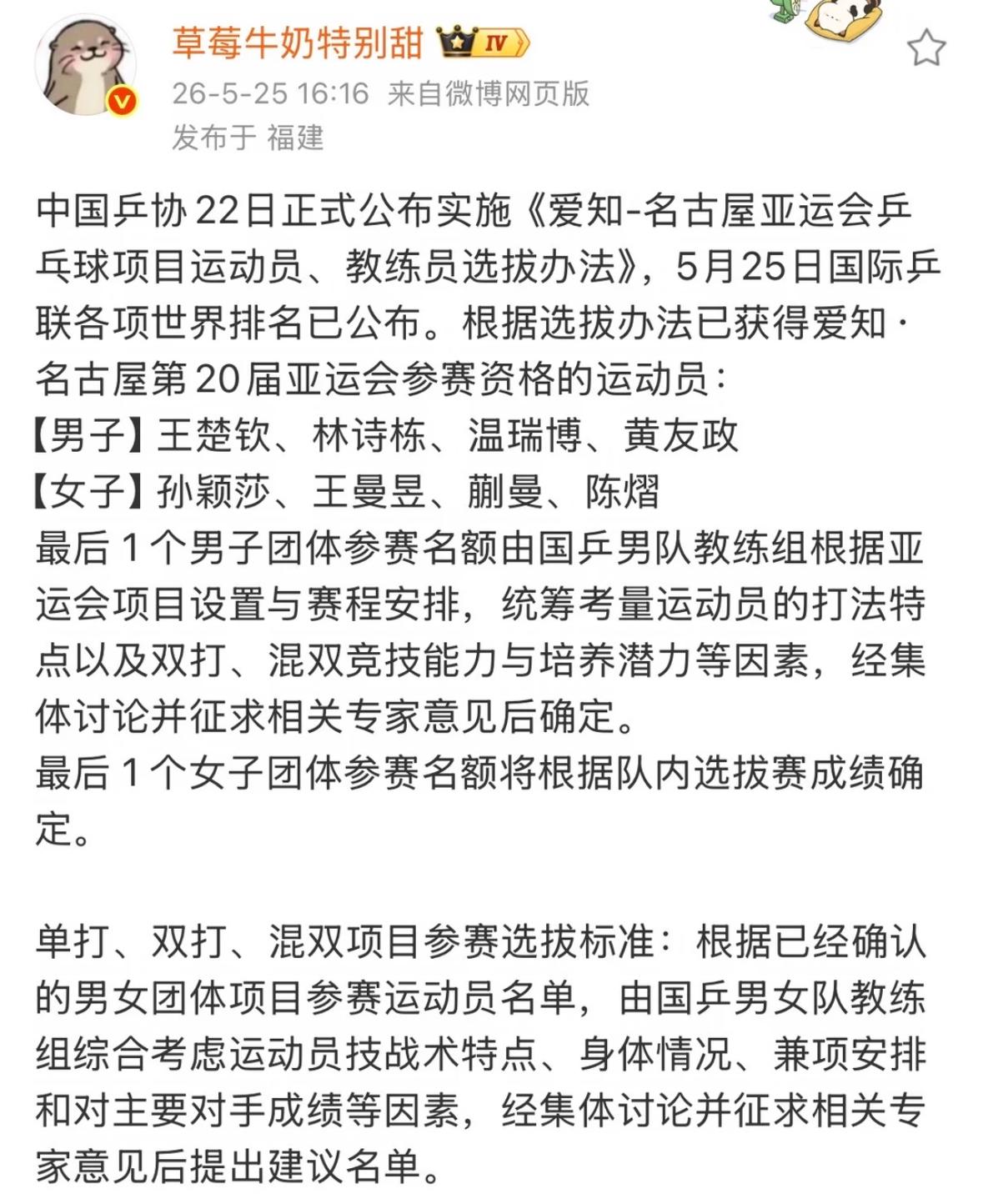 2026名古屋亚运会中国队参赛选手男女各四人资格已经确定，根据选拔条件，国乒