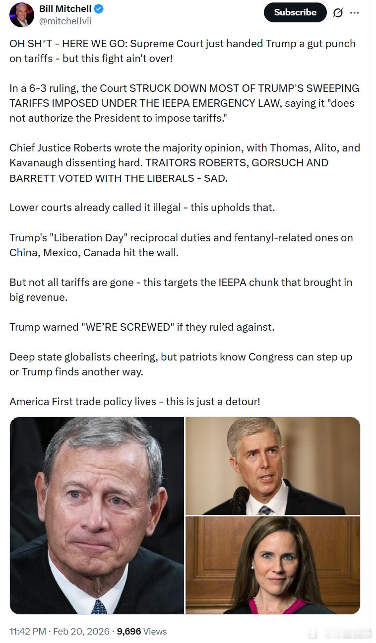 比尔·米切尔：最高法院刚刚在关税问题上狠狠打击了特朗普，但这场斗争还没有结束！在