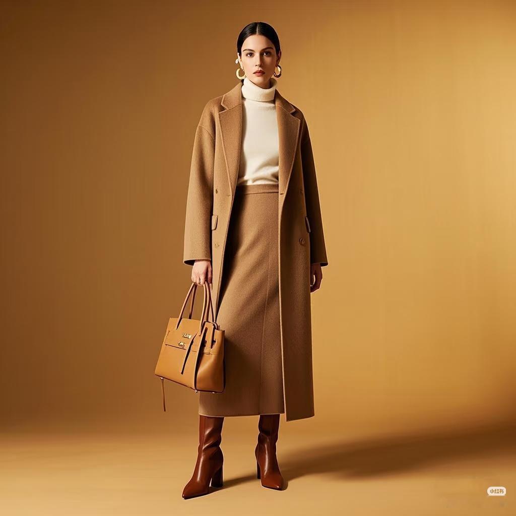 比如冬季穿长靴，上衣大多以大衣和棉服为主。要想将长筒靴穿得好看，下装搭配很关键。