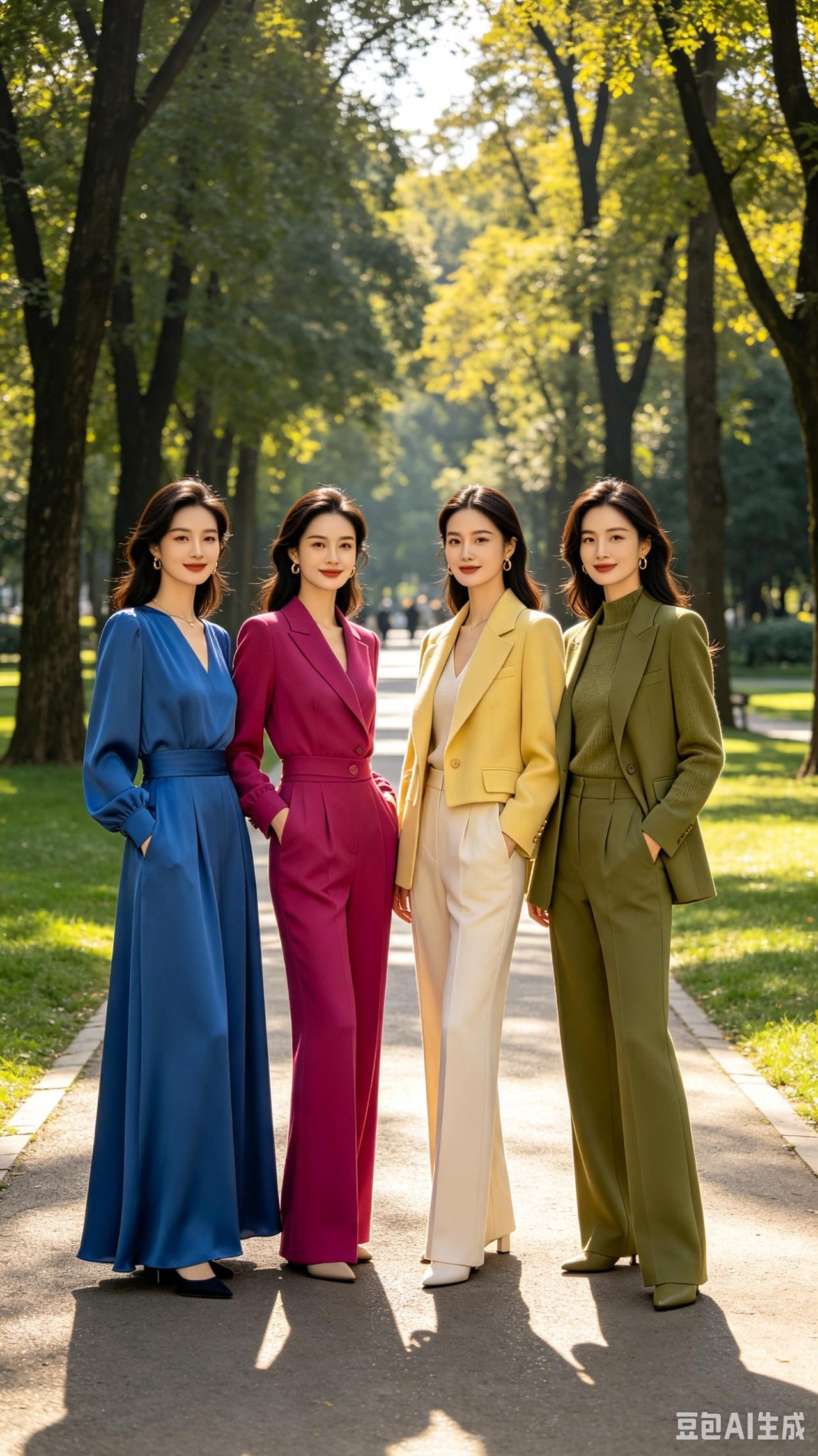 四姝游园四位佳人立翠园，身姿婀娜近云巅。彩衣交映风光媚，丽影共书锦绣笺。七