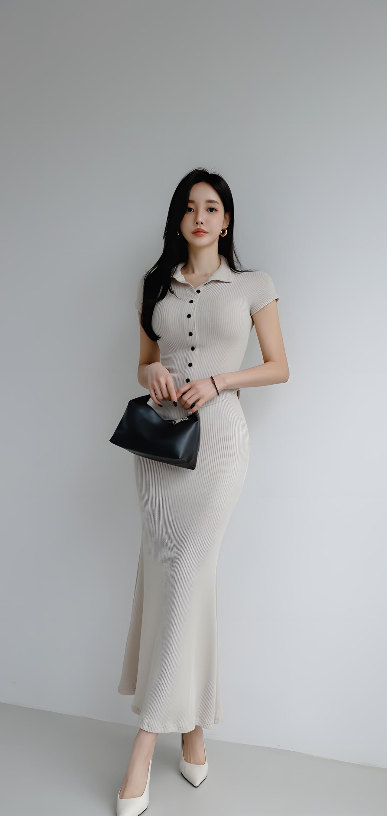 优雅气质穿搭，米色连衣裙搭配黑色手包，简约时尚！
