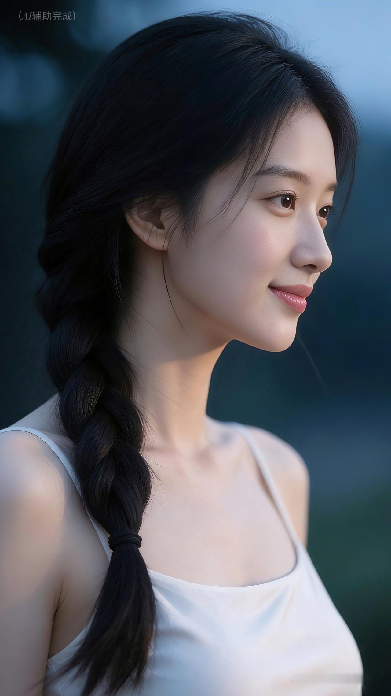 乌发编侧麻花辫垂肩，柔顺光泽泛柔光。简约白吊带衬肩颈，侧颜精致眉眼舒，嘴角微扬笑