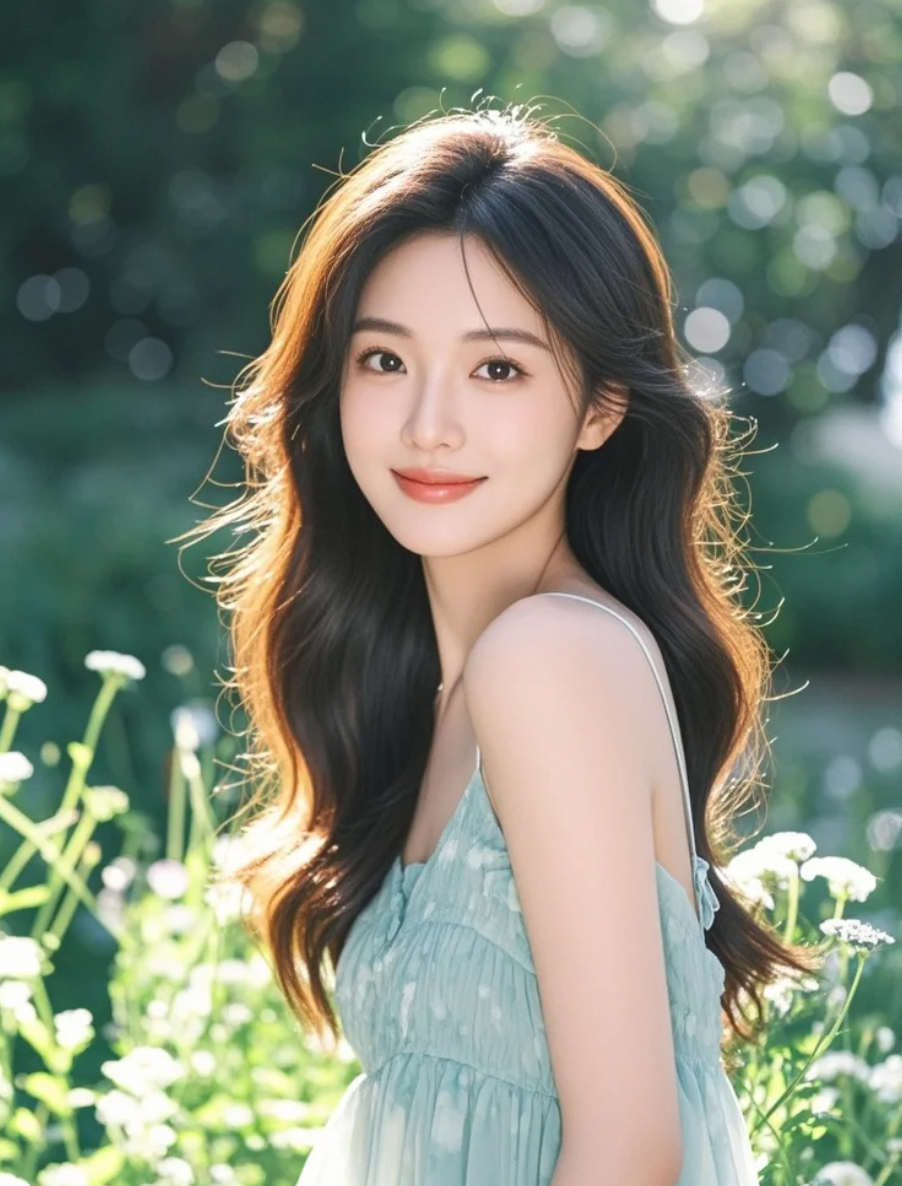长发飘飘，笑容温婉，东方女孩的美是流动的诗