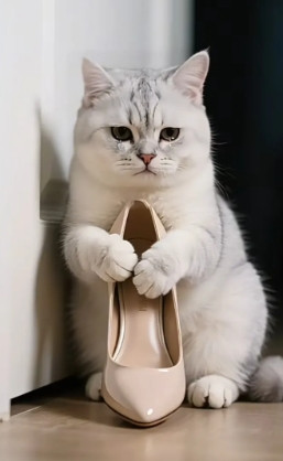 可怜巴巴的猫咪，它叼来我的一只高跟鞋抱在怀里