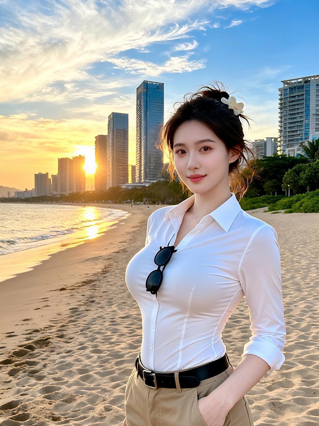 夕阳，沙滩，温柔的海风，美丽的她。