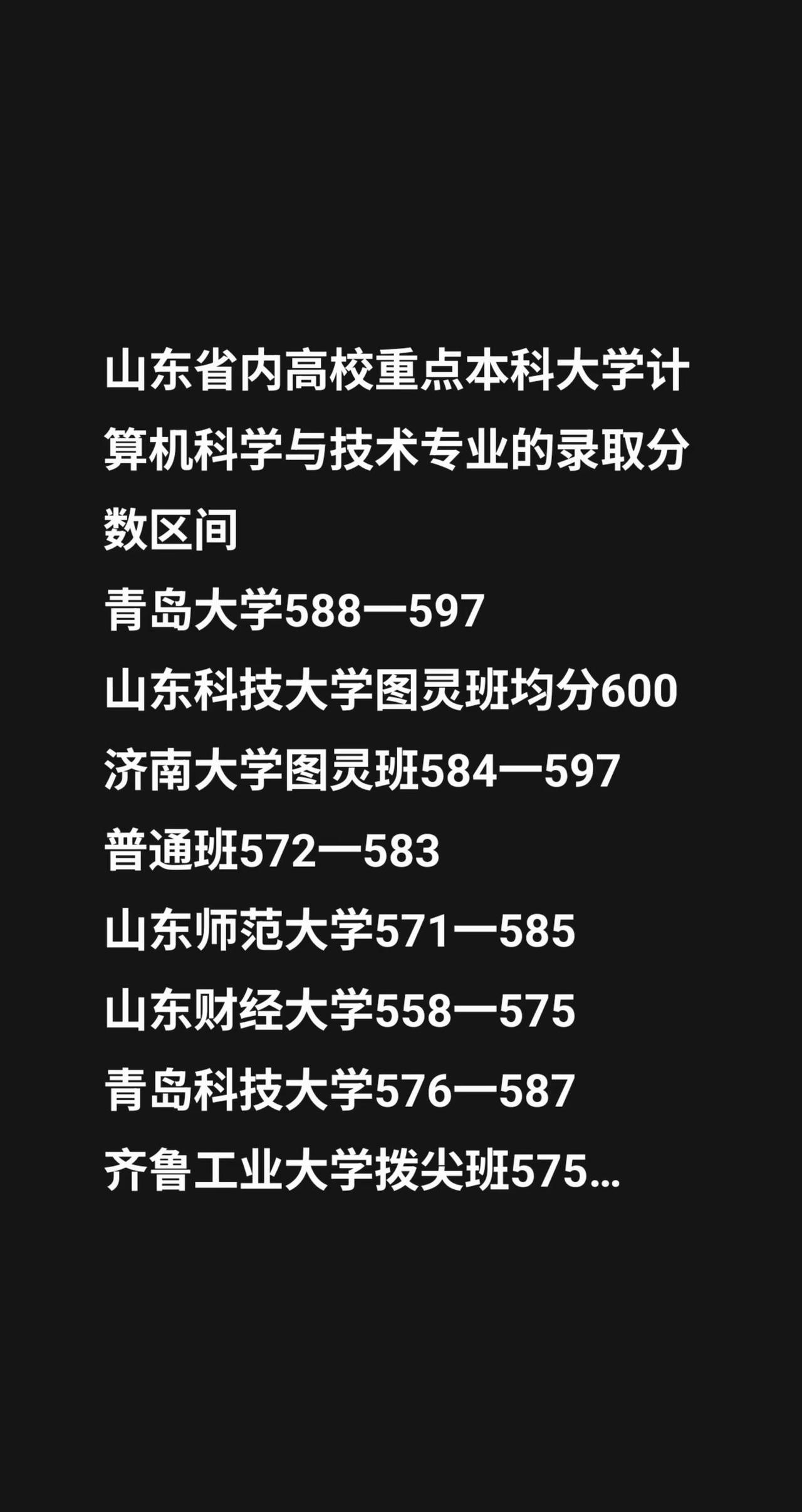山东省内高校重点本科大学计算机科学与技术专业的录取分数区间青岛大学588一597