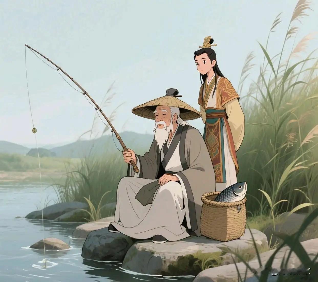 钓鱼的老祖宗姜子牙，不用饵料不用鱼钩，竹竿上拴根线，线上系根针，在渭水边一坐，口