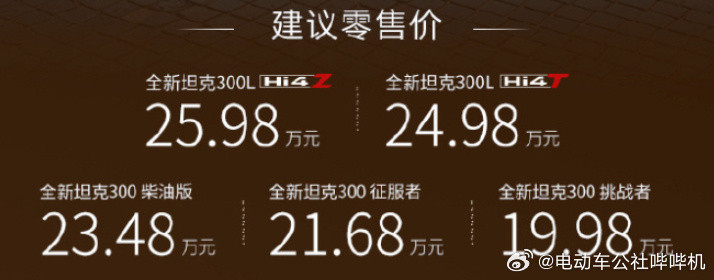 全新坦克300系列上市，同时推出燃油版以及混动版，其中混动版为长轴版...