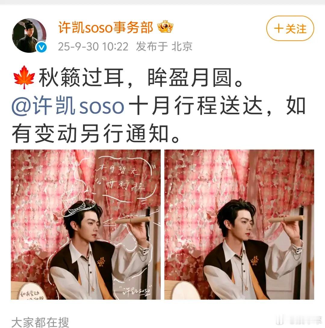 许凯十月行程如期发布，意料之中还是意料之外呢？许凯十月没有公开行程！许凯粉丝纷纷