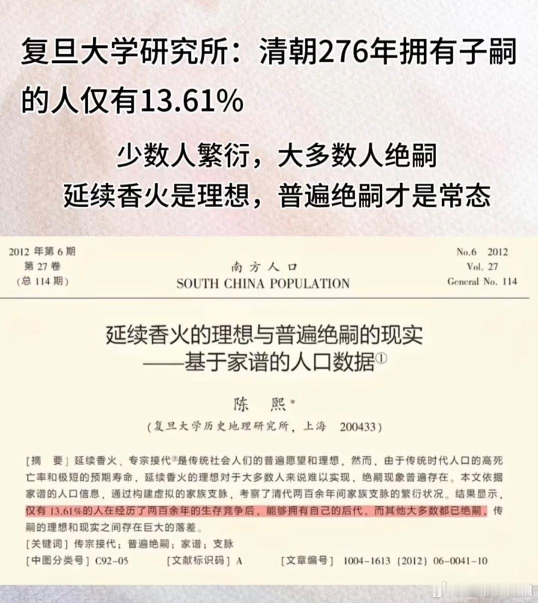 清朝276年有子嗣的人仅有13%，再住前推千年，99%以上的人没有后代。所以你活