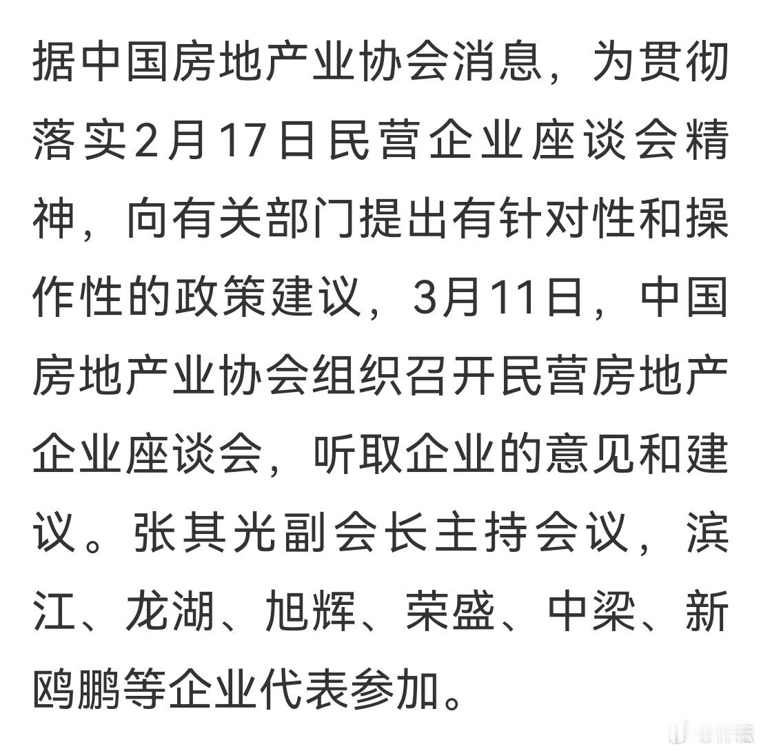 中国房地产业协会召开民营房地产企业座谈会，滨江、龙湖、旭辉、荣盛、中梁、新鸥鹏等