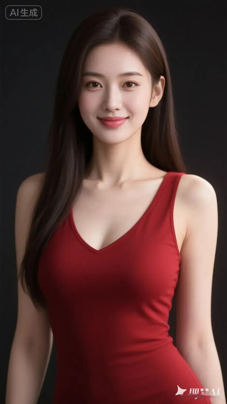 正红修身裙配黑长直，黑背景下的甜笑美出明艳氛围感～