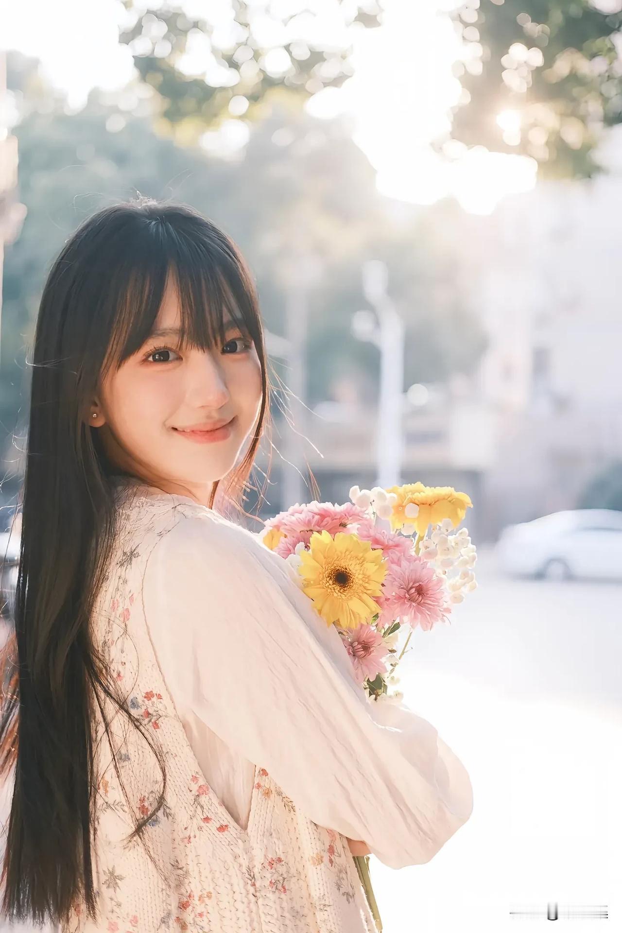 阳光下的少女与花束，温柔笑靥如花