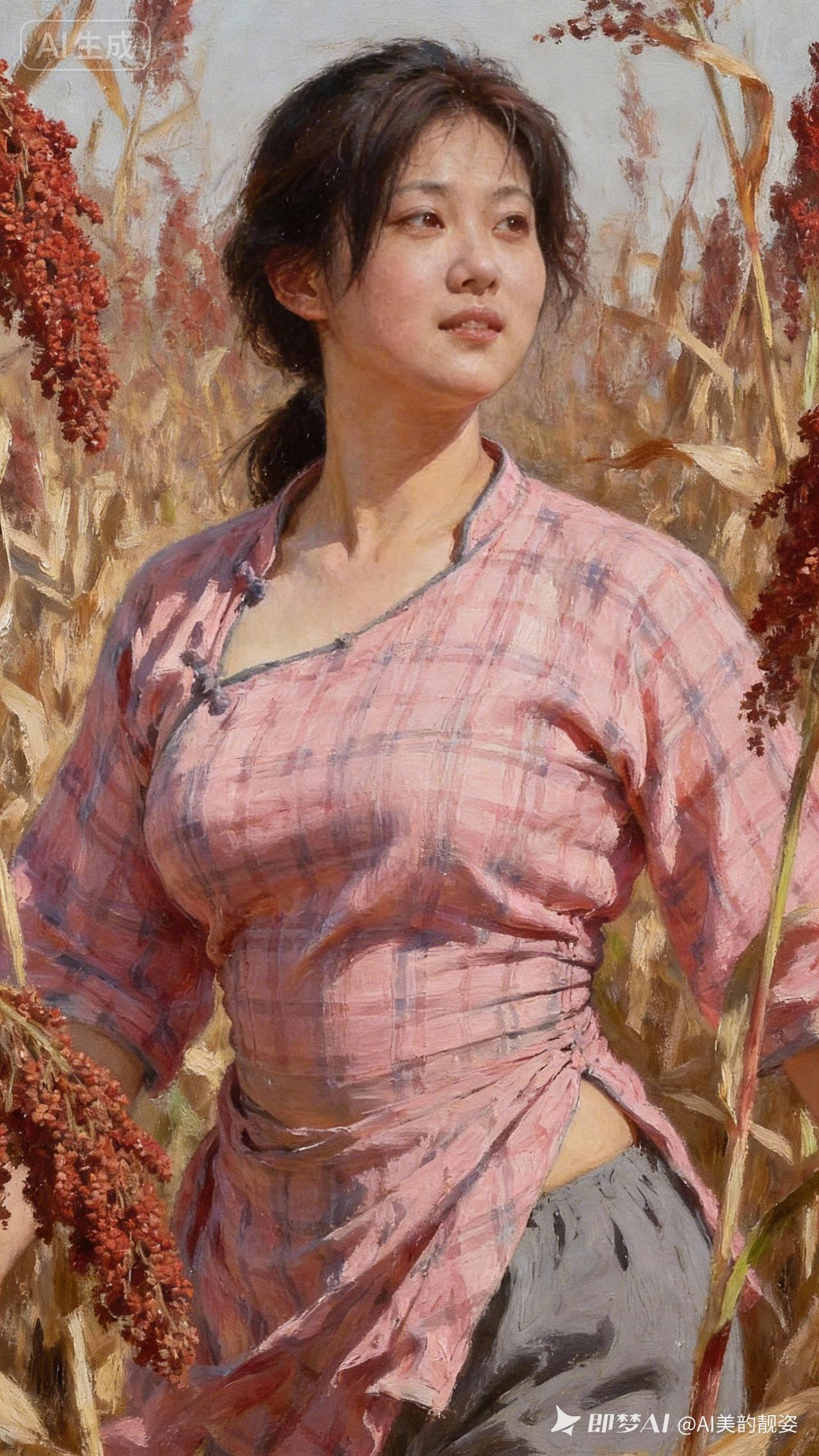 秋日田野里的少女，粉裙飘飘，与丰收的稻穗相映成趣。