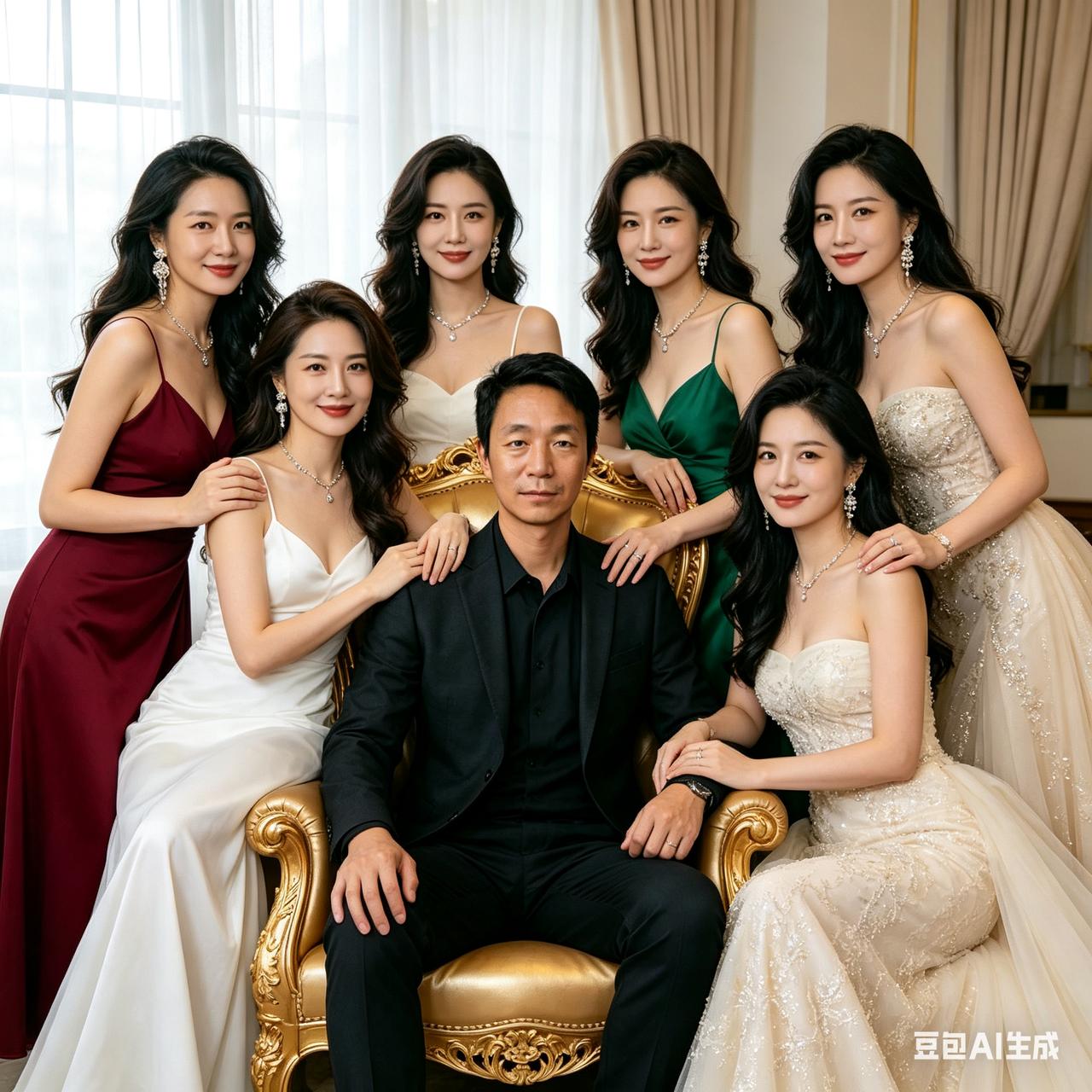 打油诗金椅端坐一贤郎，佳丽环绕满厅堂。六位美人皆漂亮，谁是家中原配娘