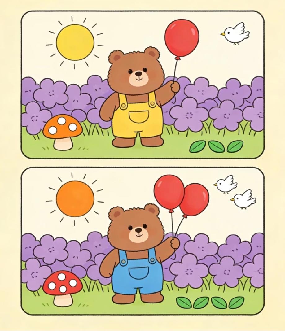 眼尖的来！这张小熊的图里藏了6处不同，90%的人找不全，你敢挑战吗？