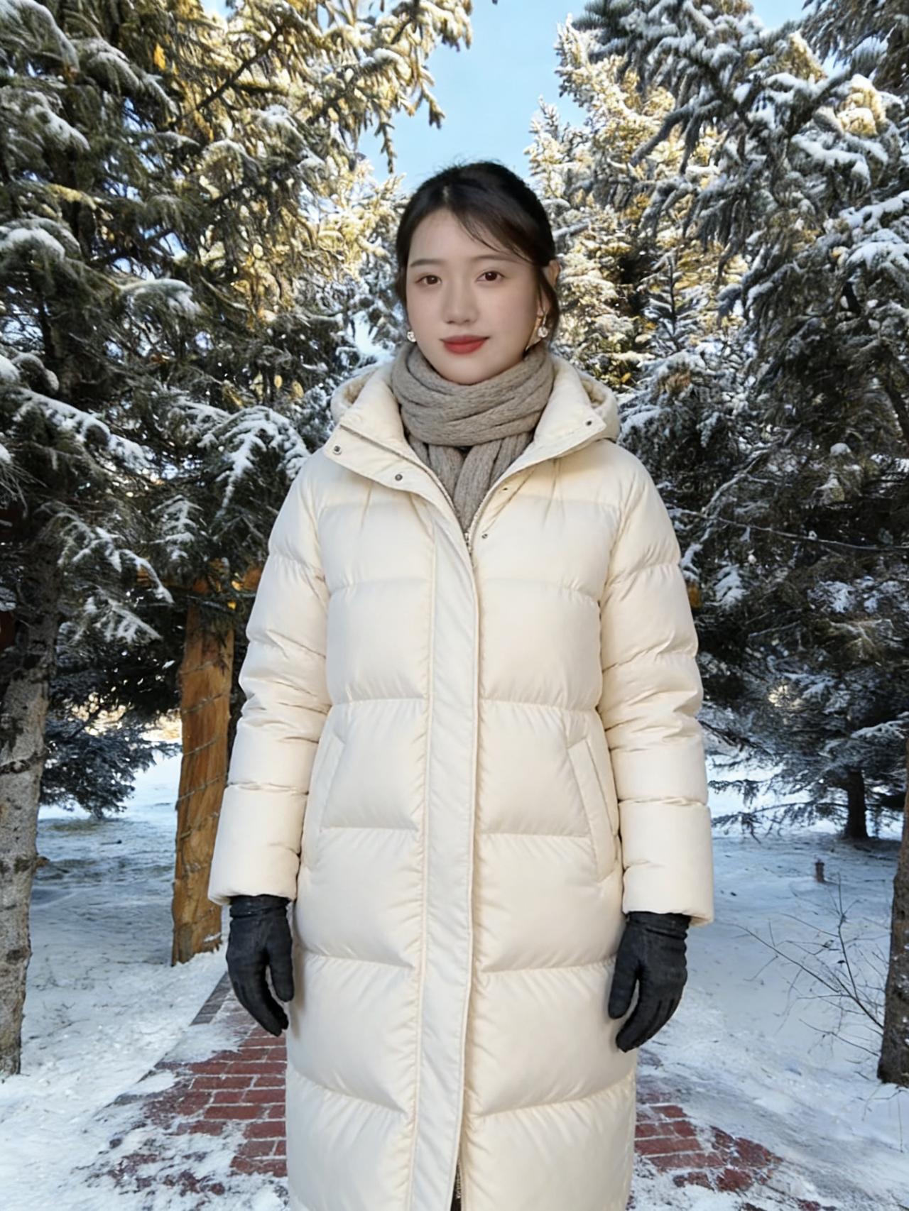 雪把世界揉成了一片纯白松枝托着积雪，像举着满捧的糖霜她站在雪径上，米白羽绒服