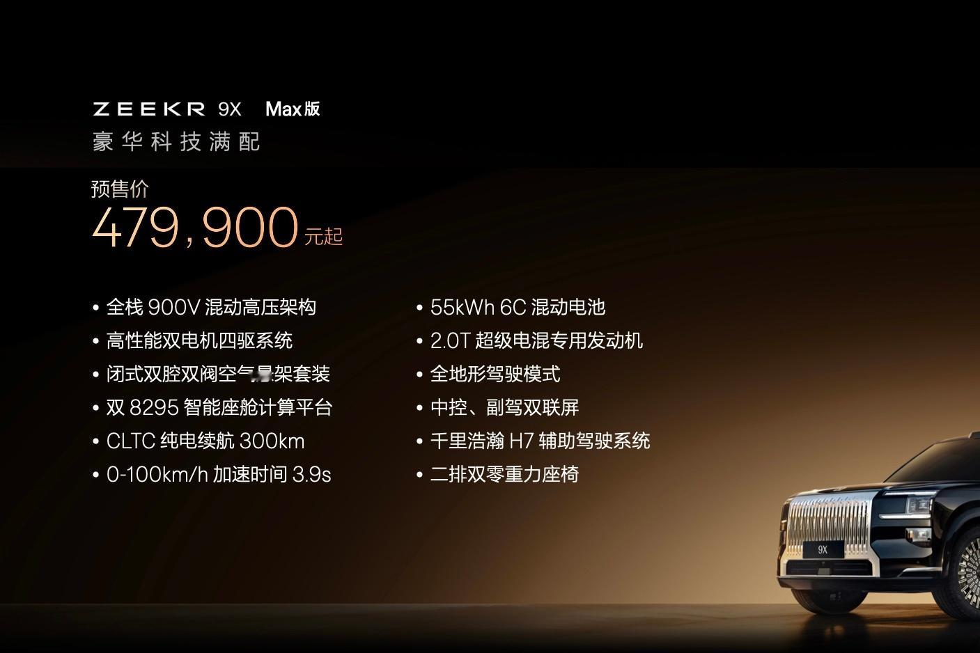 极氪9X预售47.99万起，顶配预售56.99万，具体配置差异，大家看图。各位