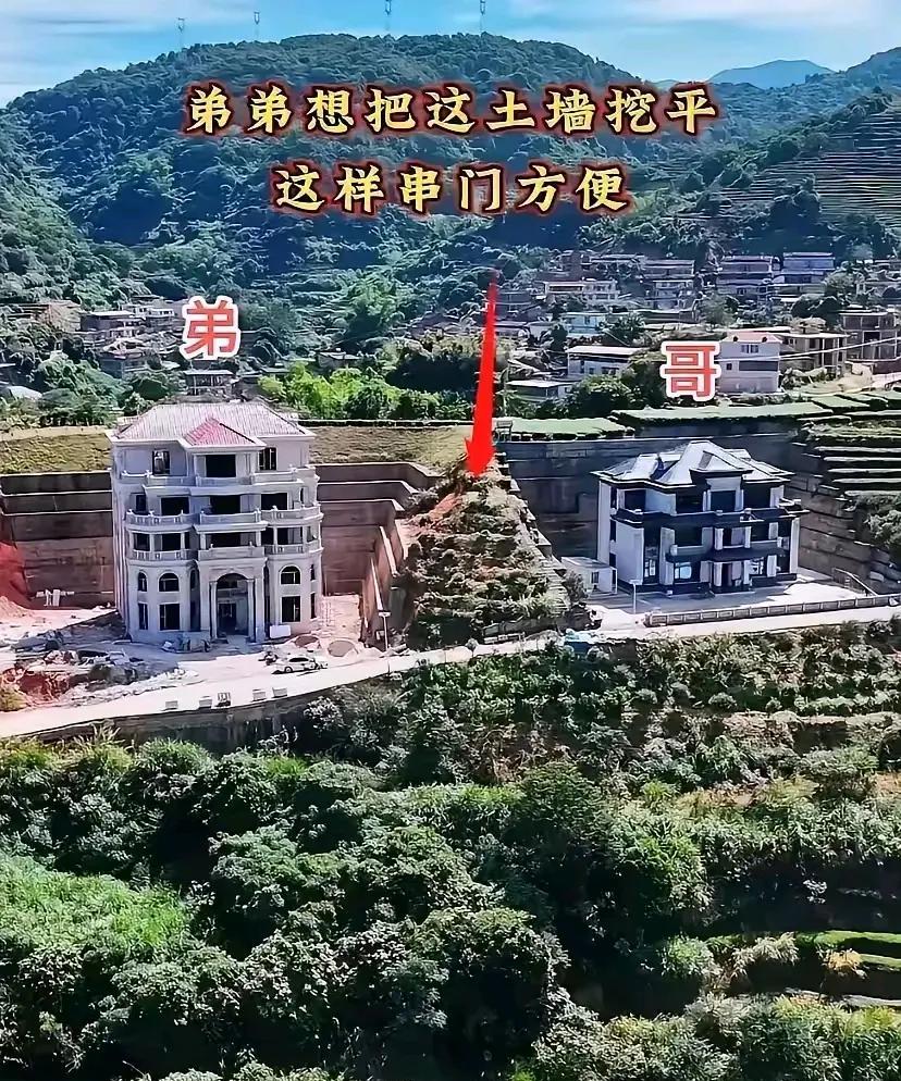 弟弟想把中间这块土丘铲平，说用来做个两家共用的停车场，而且串门也方便点，哥哥不同