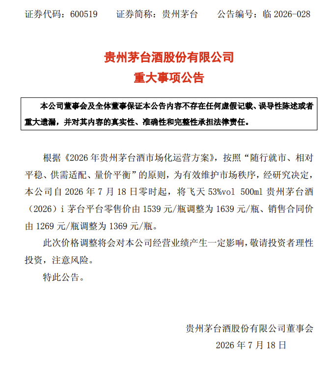 贵州茅台: 上调飞天茅台i茅台平台零售价及合同价