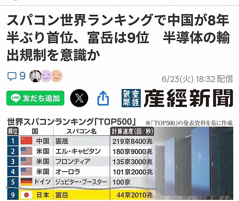 日本《产经新闻》关注中国"灵晟"超算登顶全球TOP500榜首，日本"富岳"位列第