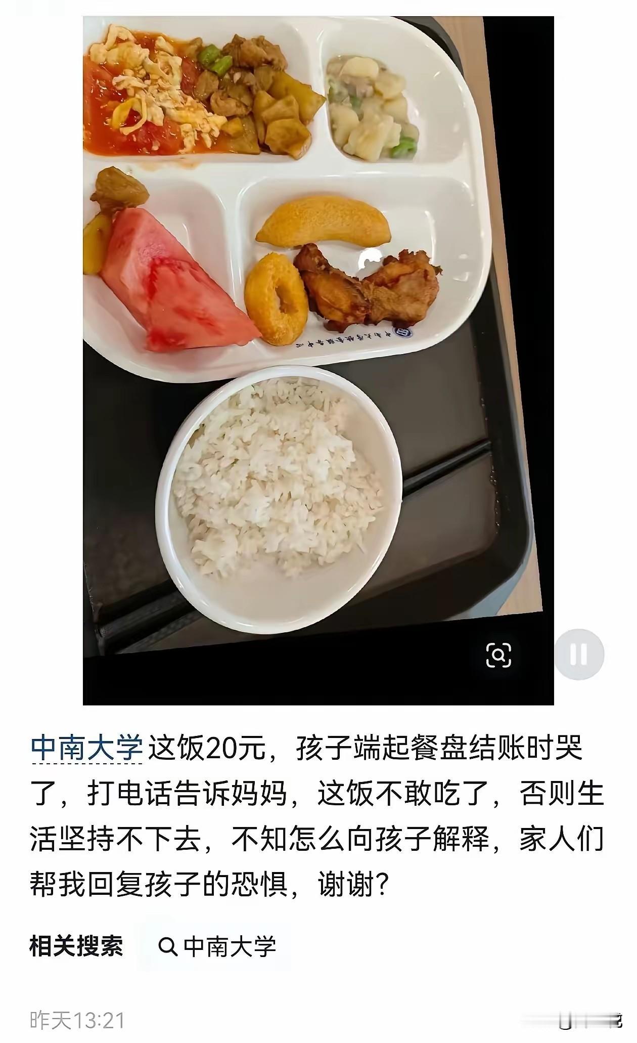 中南大学20块钱的饭，学生结账时吓哭了，因为太贵了，这样吃下去，根本吃不起啊！一