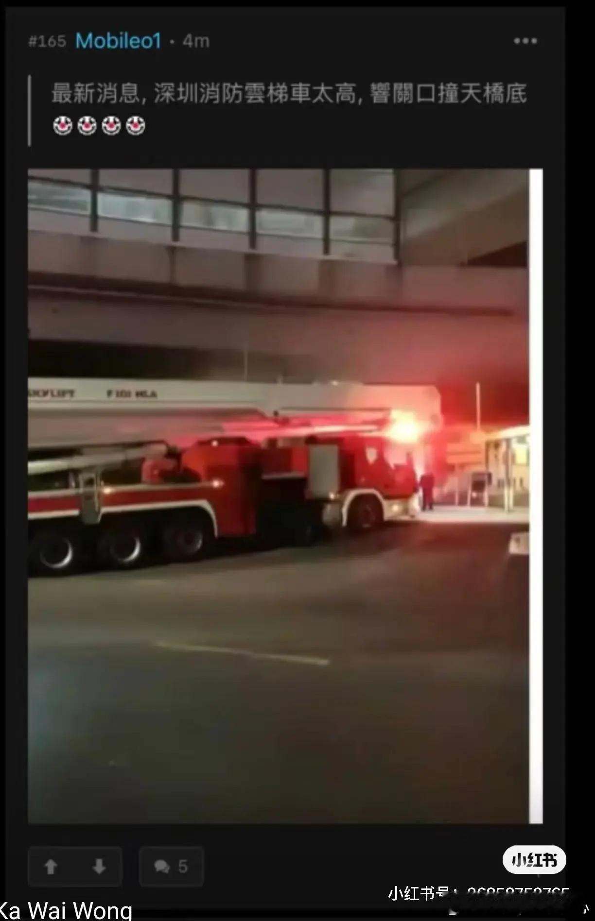 深圳消防赶去HK帮忙，结果云梯车太高，关口天桥太低过不去，全塞住了，还有港灿幸灾