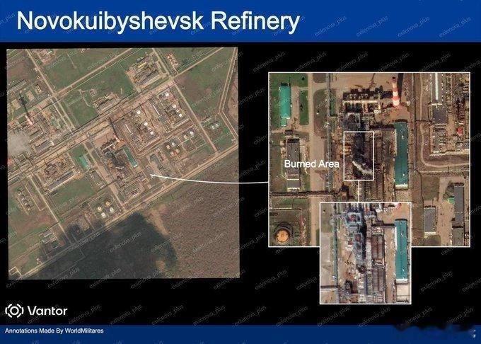 最新卫星图像披露了一周前乌军无人机袭击对俄境内诺沃奎比雪夫斯克炼油厂造成的具体破
