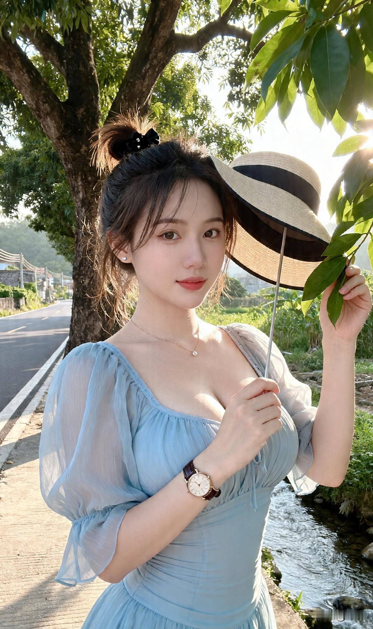 夏日清新穿搭，浅蓝色连衣裙搭配草帽，阳光下的甜美少女人累了有家可回，心累了可以去