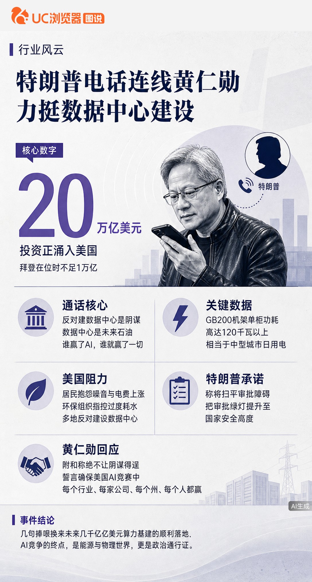 黄仁勋演讲时特朗普突然来电开免提，当场力挺建数据中心。老黄秒变捧哏附和，毕竟几句好话换来的是算力基建