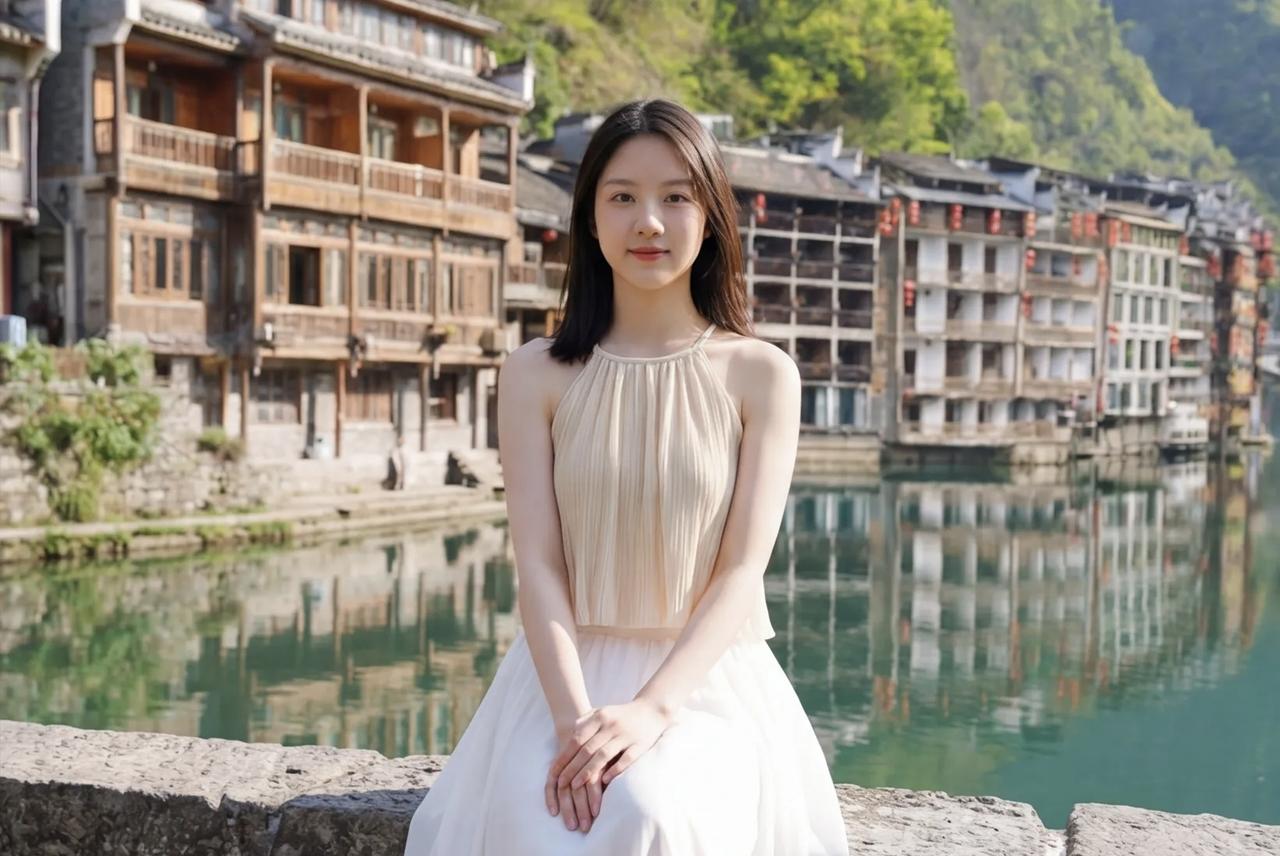 古风小镇的少女，静坐水边，恬静如画。游山玩水，面相好美湖边温柔少女湖畔白衣少女