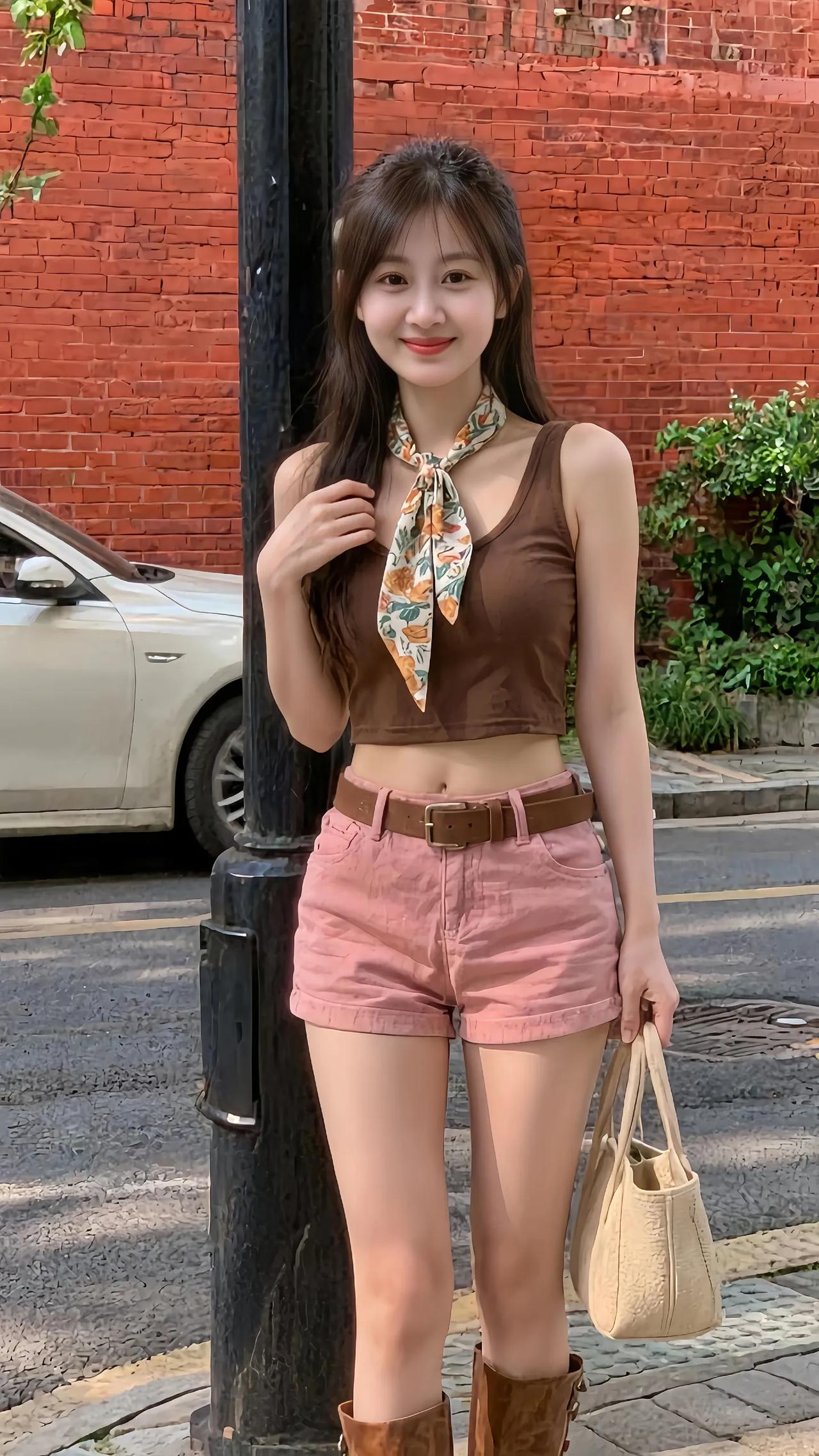 棕色背心+粉色短裤，搭配印花丝巾和棕色靴子，时尚又舒适！