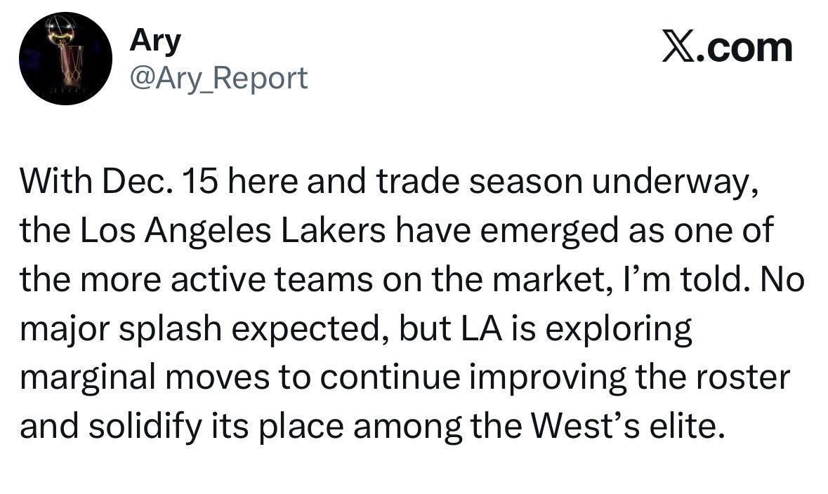 Ary小道消息，湖人不会有大操作：据我所知，随着12月15日到来、交易季开启，洛