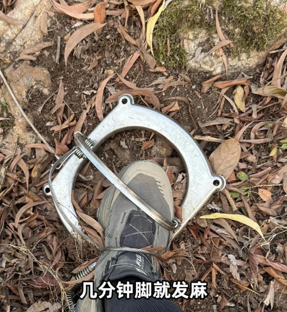 广州白云山一女士在爬山过程中不慎踩中了一个捕兽夹。脚上越是动弹就被夹得越紧，几分