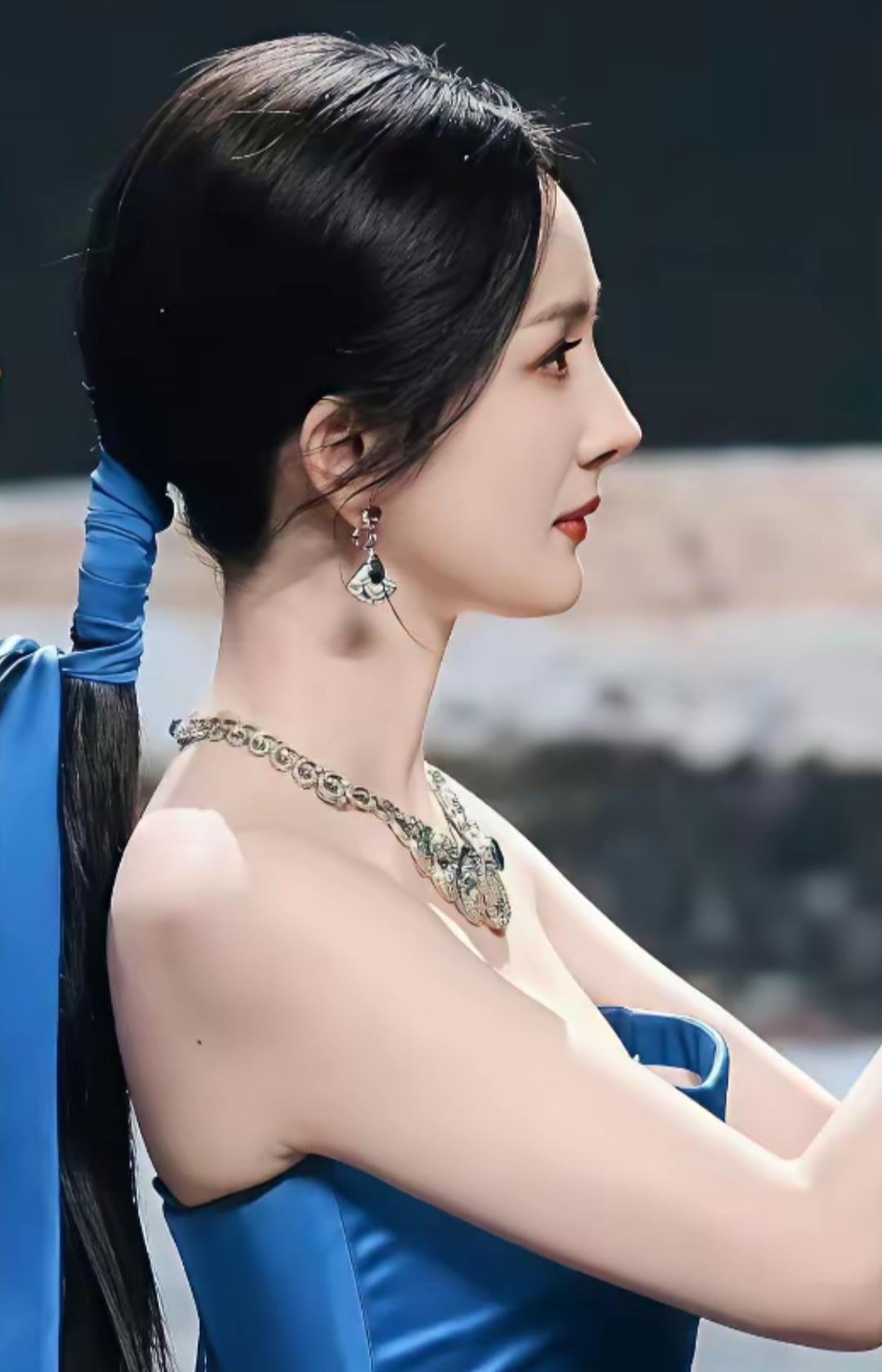 这侧影仿佛为镜头而生，高挺的鼻梁，绝美的唇型，无不在张扬着优雅与端庄。纵使见