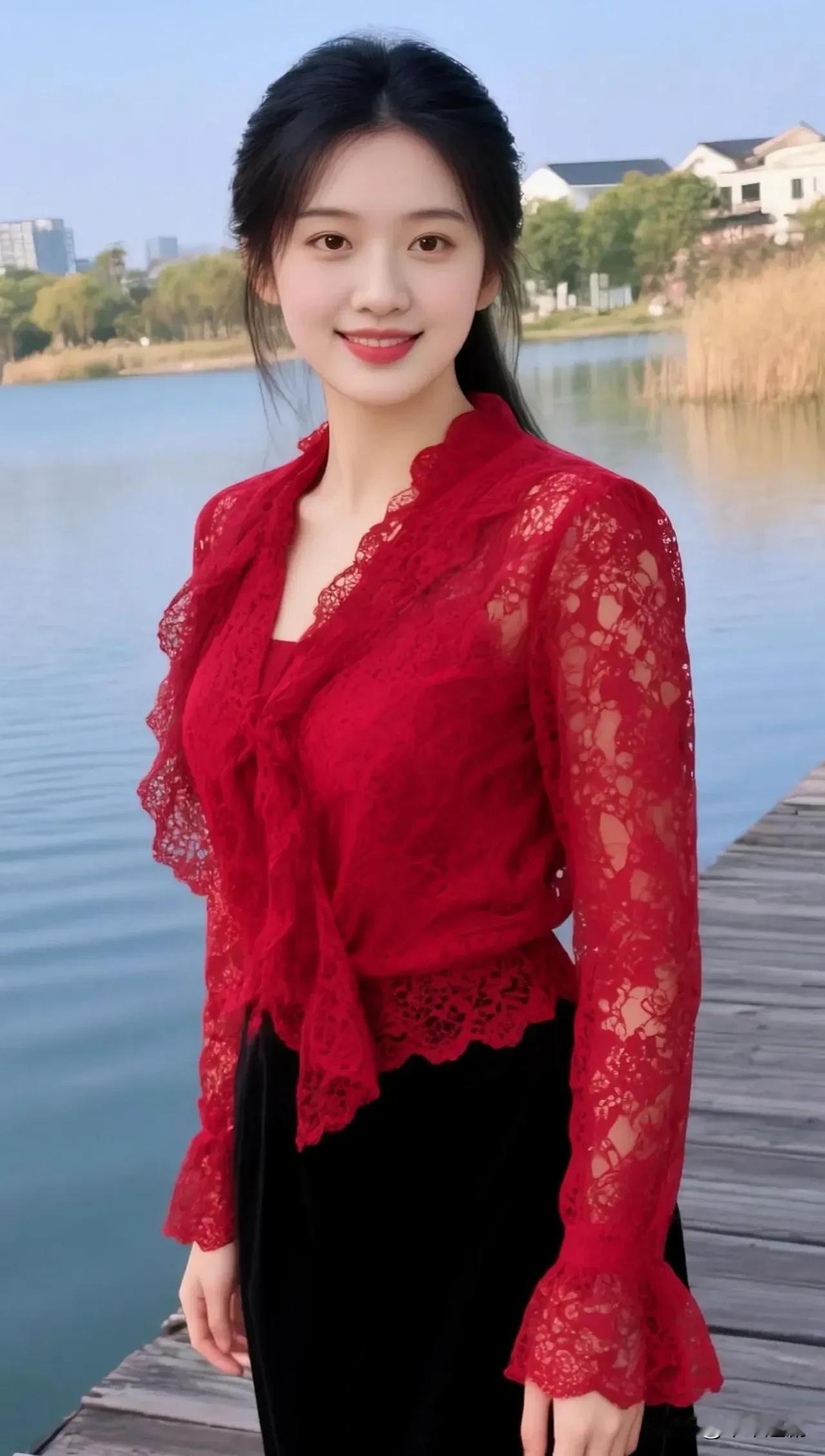 湖畔的风，轻拂过红色蕾丝的温柔。黑裙衬得笑意愈发清澈，在水光与天色之间，定格成