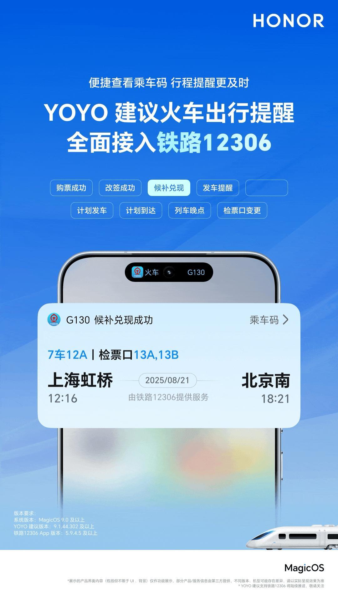 MagicOS：即日起，荣耀YOYO建议与灵动胶囊全面接入铁路12306】列车晚