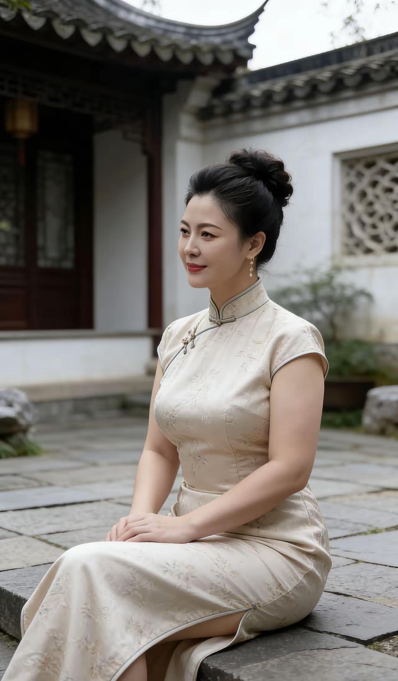 山坡羊·旗袍之美旗袍初照，风姿娇俏，杏花色里提花妙。扣盘牢，领姿高，优