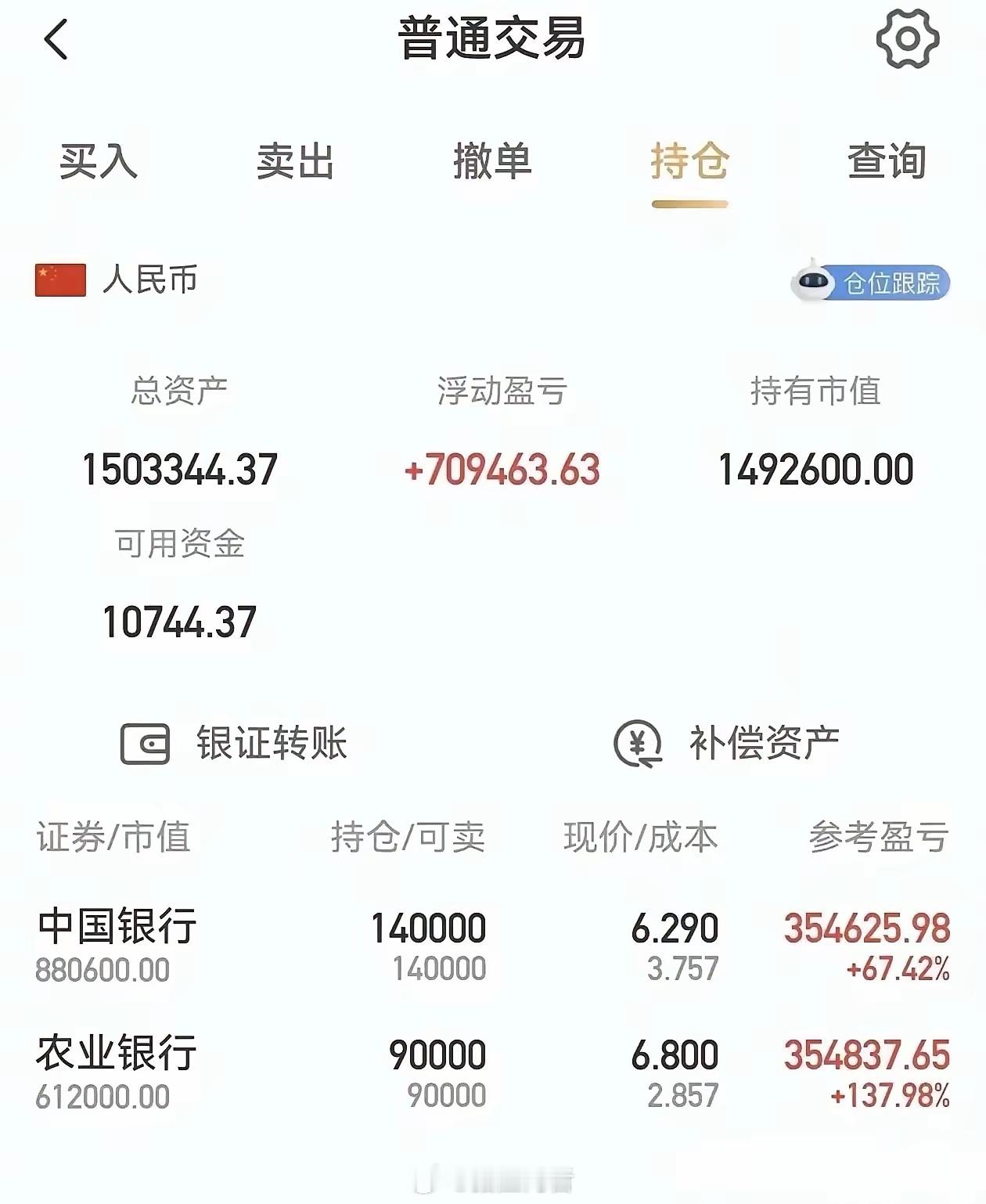 这个持仓盈利能力，毫不夸张的的说，应该可以战胜99%的股民。150多万的资金，就